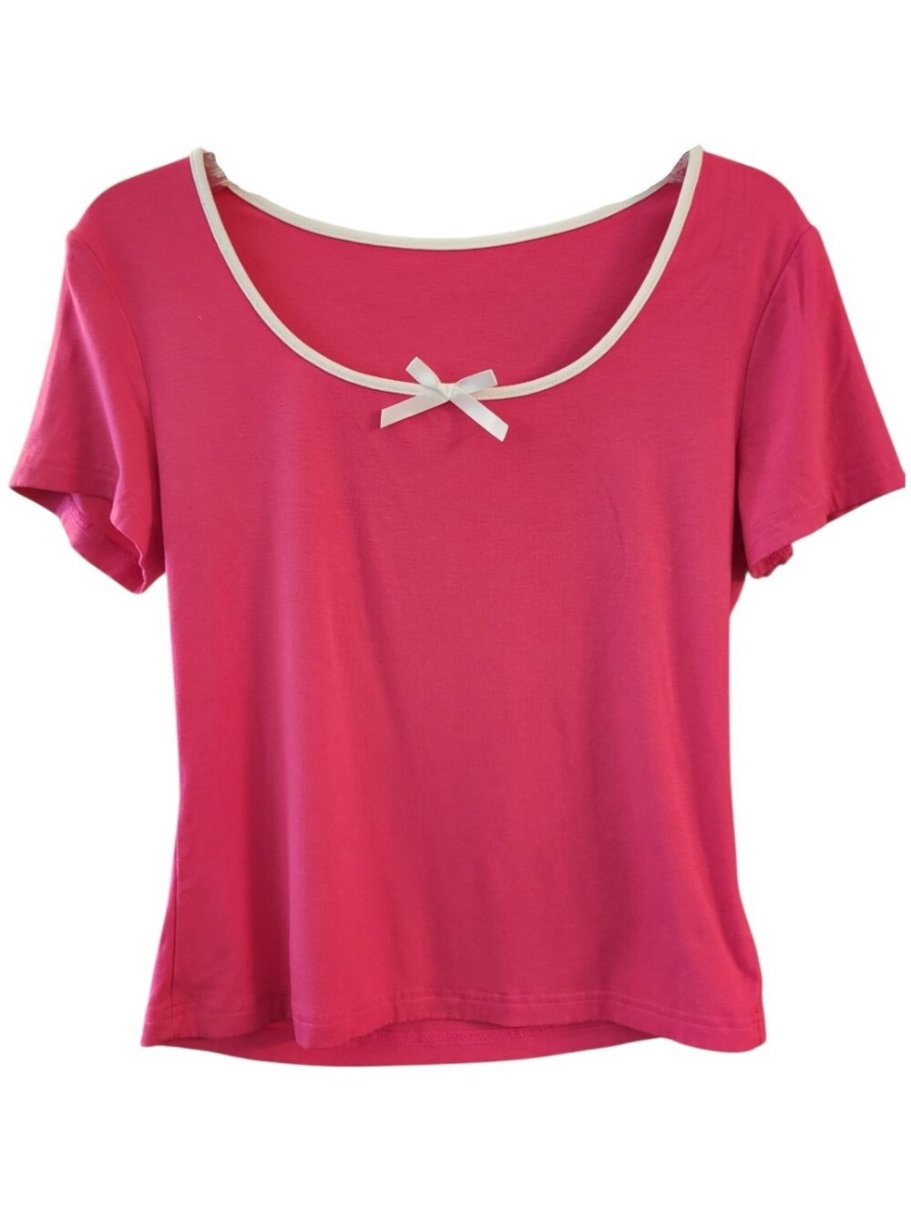 'NEW' Women’s Pink Scoop Neck Short Sleeve Tee w/ Contrast Trim and Bow - Size L